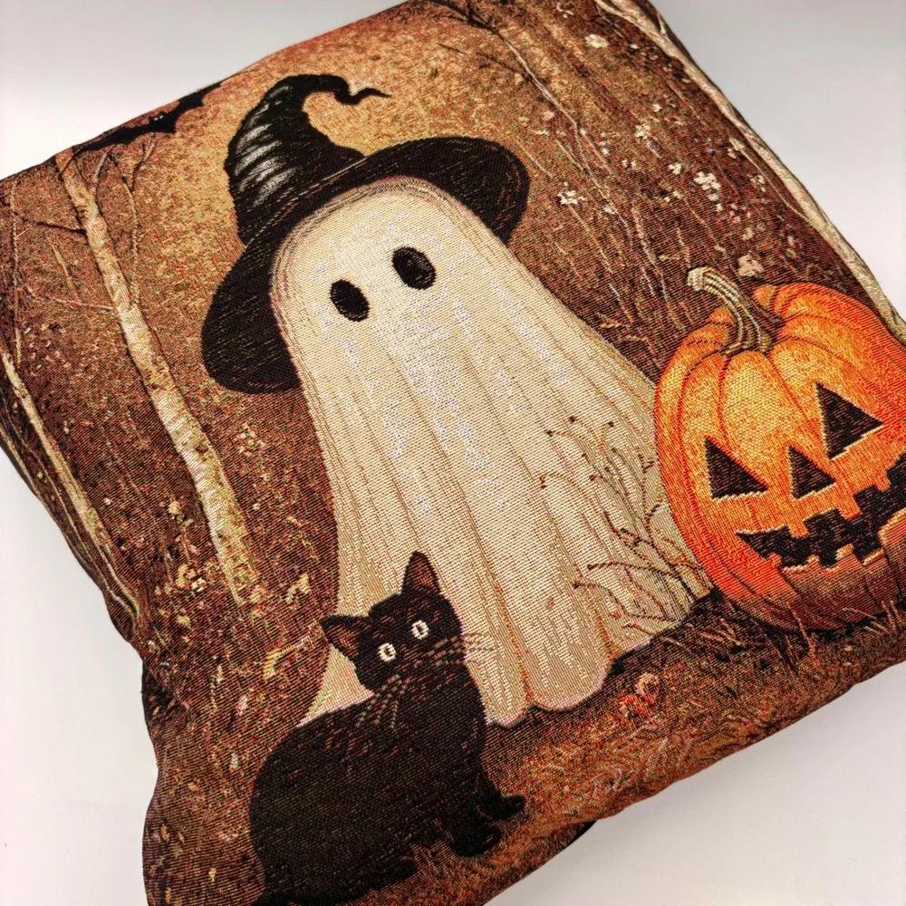 Caldeira Halloween Ghost Black Cat Pumpkin Woven Tapestry Pillow Made in UK NEW